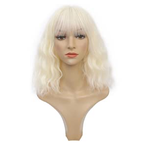 MOSINA Wigs for Women - Light Blonde Wig with Bangs for Women, Short Wavy Bob Wig Colorful Shoulder Length, Pastel Colored Cosplay Wig Synthetic Costume Wigs