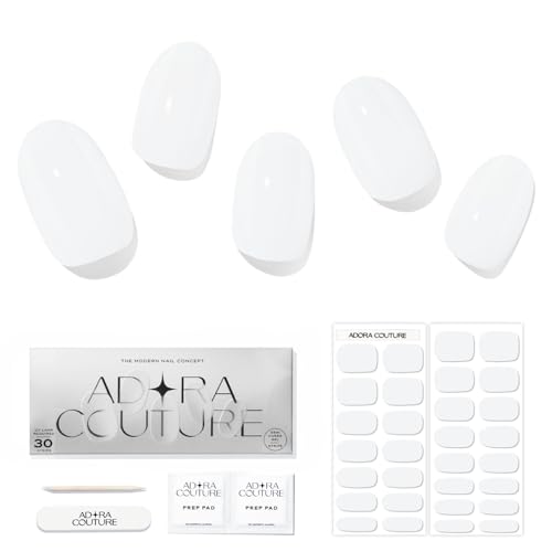 Adora Couture Semi Cured Gel Nail Strips White |30pcs Glossy Solid White Strips Gel Nail Sticker | Gel Nail Stickers with UV Light Required (Simple White)