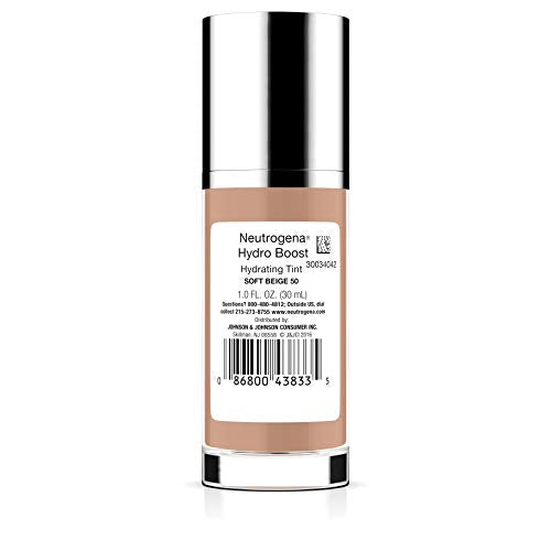 Neutrogena Hydro Boost Hydrating Tint with Hyaluronic Acid, Lightweight Water Gel Formula, Moisturizing, Oil-Free & Non-Comedogenic Liquid Foundation Makeup, 50 Soft Beige, 1.0 fl. oz