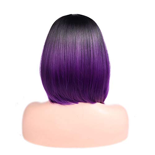 HANNE Ombre Purple Bob Wig Short Straight Bob Wig Heat Resistant Synthetic Hair Wigs for Black Women (Black to Purple)