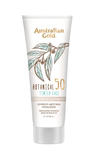 Australian Gold Botanical SPF 50 Tinted Face Sunscreen, Non-Chemical BB Cream, Water-Resistant, Matte Finish, Sensitive Skin, 3 FL Oz