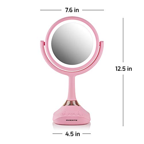 Ovente Lighted Vanity Mirror, Table Top, 360 Degree Spinning 6'' Double Sided Circle LED 1X 5X Magnifier with MP3 Audio, Built-in Wireless Speaker, Rechargeable, USB Operated, Baby Pink MRT06P1X5X