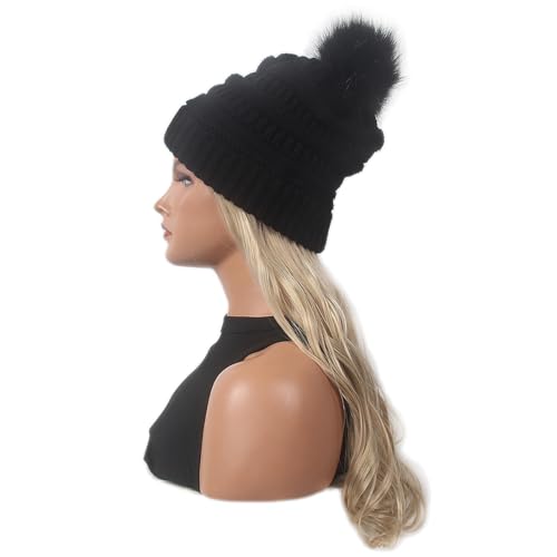 STfantasy Long Wavy Curly Hair Extensions Knit with Beanie Hat 26inch Heat Resistant Synthetic Wig Sewing Hairpiece Warm Pom for Women Winter Daily Wear (Blonde)