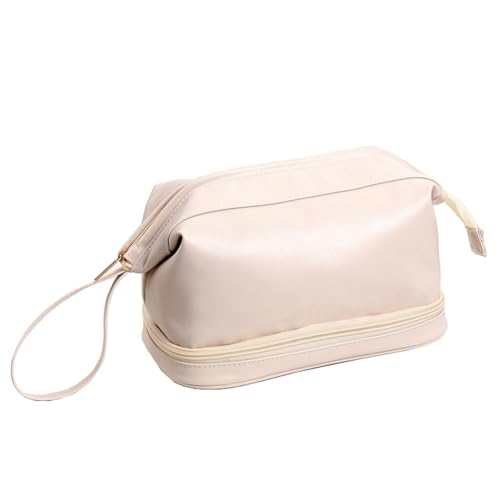 Qinyurj Travel Makeup Bag, Double Layer Cosmetic Bag, Leather Makeup Bag Organizer,Large Wide-open Toiletry Bag for Women(Off-White)