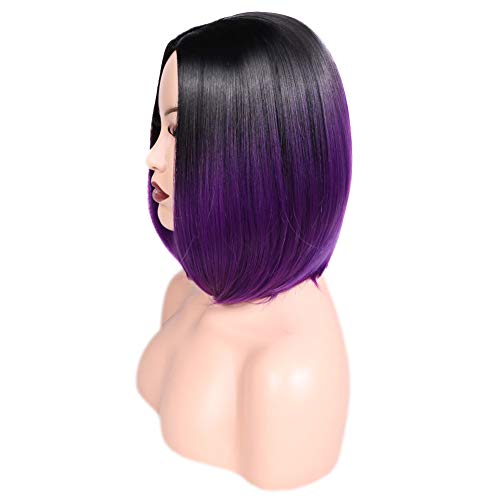 HANNE Ombre Purple Bob Wig Short Straight Bob Wig Heat Resistant Synthetic Hair Wigs for Black Women (Black to Purple)