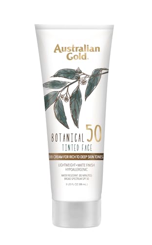 Australian Gold Botanical SPF 50 Tinted Sunscreen for Face, Non-Chemical BB Cream & Mineral Sunscreen,Water-Resistant,Matte Finish,For Sensitive Facial Skin,Rich to Deep Skin Tones, 3 FL Oz, Rich-Deep