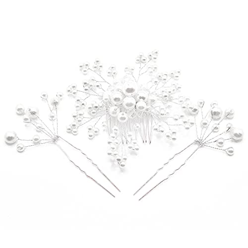 QUEOUNR Pearl Wedding Hair Comb, 3PCS Bridal Hair Combs with Rhinestone Hair Pins Clips Head-piece Decorative Hair Accessories for Women Girls,H28