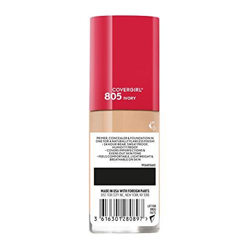 Covergirl Outlast Extreme Wear 3-in-1 Full Coverage Liquid Foundation, SPF 18 Sunscreen, Ivory, 1 Fl. Oz.