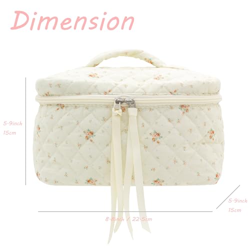 PAZIMIIK Cotton Makeup Bag for Women Large Quilted Travel Cosmetic Case Girls' Make Up Organizer,Floral White