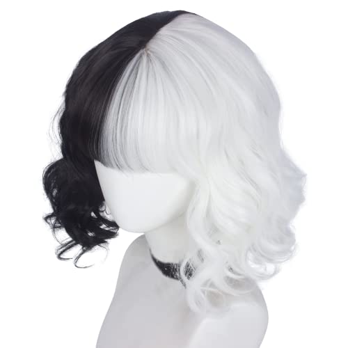 Askuang Cruella Devil Cosplay Costume Wig Half Black And White Fluffy Short Curly Synthetic Wigs for Halloween Christmas Carnival Party Daily