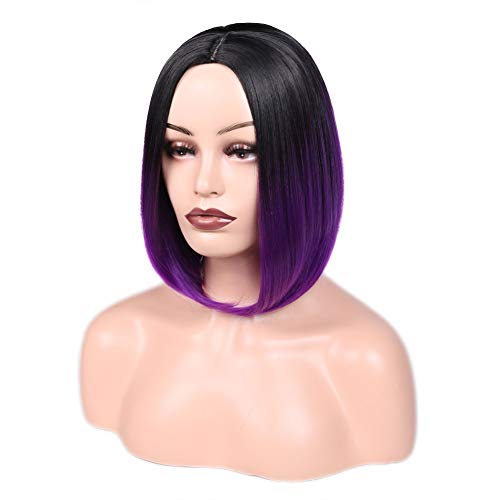 HANNE Ombre Purple Bob Wig Short Straight Bob Wig Heat Resistant Synthetic Hair Wigs for Black Women (Black to Purple)