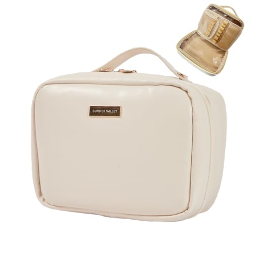 Sireck Travel Makeup Bag Cosmetic Bag,Large Capacity Toiletry Bag,Waterproof PU Leather Make Up Organizer with Detachable Makeup Brush Holder Bags (Beige)