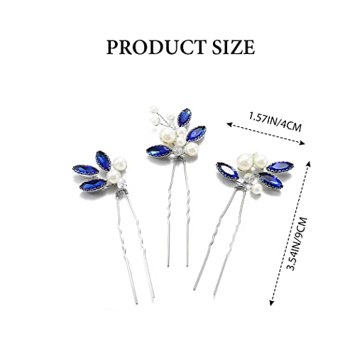 Latious Bride Wedding Hair Pins Pearl Bridal Hair Piece Blue Crystal Hair Clips Rhinestones Hair Accessories for Women and Girls (Pack of 3) (Silver)