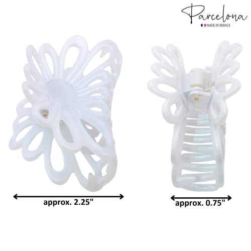 Parcelona French Plume 3" Celluloid No Slip Grip French Covered Spring Jaw Hair Claw Durable Styling Hair Accessories Women Strong Hold Girls Hair Claw Clips, Made in France (Solid White)