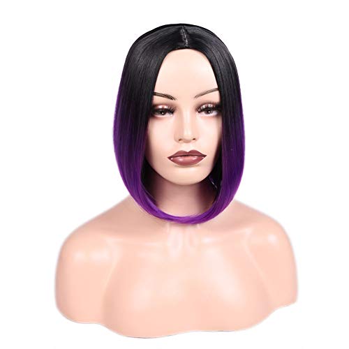 HANNE Ombre Purple Bob Wig Short Straight Bob Wig Heat Resistant Synthetic Hair Wigs for Black Women (Black to Purple)