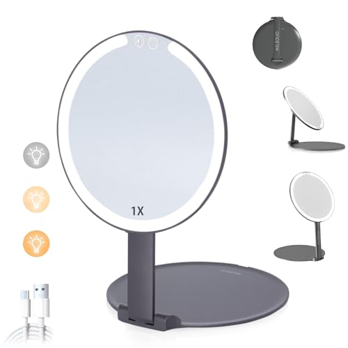 MILEDUO Rechargeable Travel Makeup Mirror with Lights, Foldable Compact Mirror with 1500mAh Battery, 3 Color Light Touch Screen for Travel and Women Gift