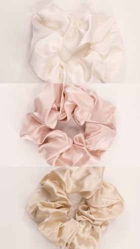 3 Pack Luxury Silk Scrunchies 100% Mulberry Silk for Hair in Satin Travel Bag (3 Pack, Large, Pink, Champagne, White)