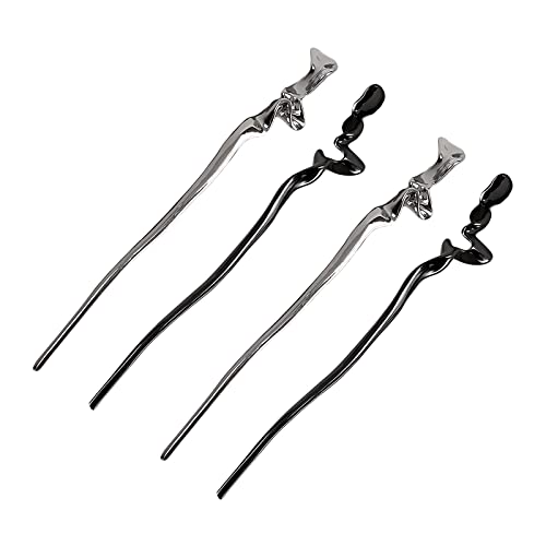 ZAYOIZY 4pcs Metal Hair Sticks Hair Bun Chopsticks Hair Pins Simple Sturdy Alloy Sticks for Women Long/Thick/Curly Hair, Silver&Black 6.7in