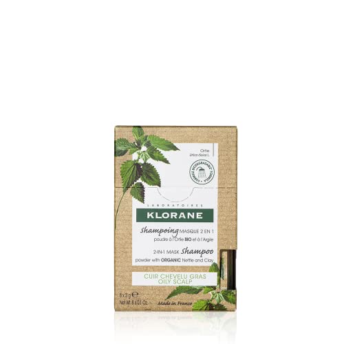 Klorane Oil Control 2-in-1 Mask Shampoo Powder with Nettle and Clay for Oily Hair and Scalp, Deep Cleansing Powder-to-Foam Treatment - Paraben, Silicone and Sulfate Free, Biodegradable, Vegan