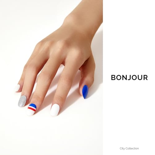 NAILOG Semi Cured Gel Nail Strips - 34 pcs | Buy 2 Get 1 UV Lamp | French Tip Long Lasting Nail Polish Sticker Wraps with Glossy Gel Finish French Flag, Dachshund, Bonjour