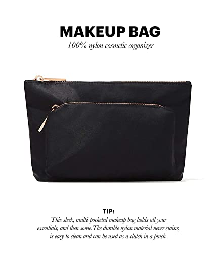 Jillian Dempsey Makeup Bag: Medium Sized Everyday Cosmetic Organizer with 2-Pockets and an Easy to Clean Nylon Material I Black with Rose Gold