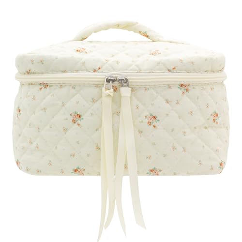 PAZIMIIK Cotton Makeup Bag for Women Large Quilted Travel Cosmetic Case Girls' Make Up Organizer,Floral White