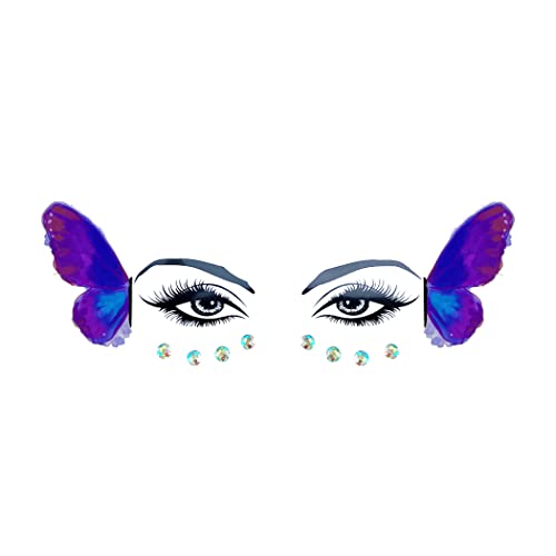 Neva Nude Purple Glitter Butterfly Flutterby Face Tattoo With Sparkly Crystal Jewels - Gems for Carnivals, Halloween, Festivals, Raves, & Parties | Medical Grade Adhesive, Waterproof, & Sweatproof | Made in USA