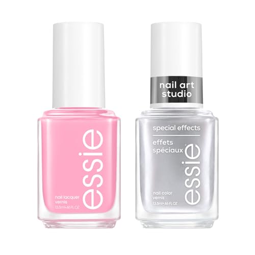 Essie Nail Polish Strawberry Glaze Kit, Pink, Muchi Muchi, Silver, Nail Art Studio Cosmic Chrome, Vegan, 0.46 Fl Oz each