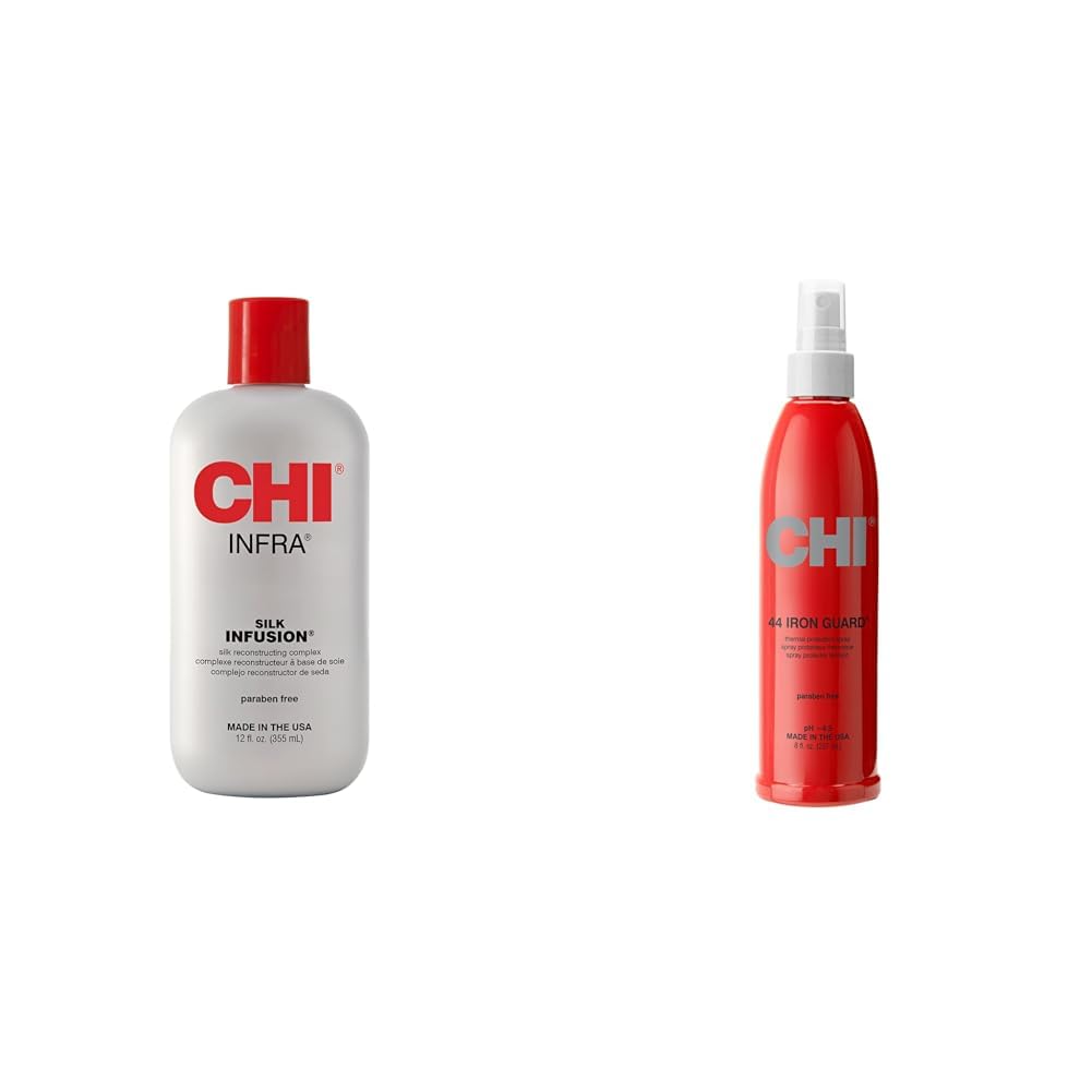 CHI Silk Infusion, 12 FL Oz (Pack of 1), Packing May Vary & 44 Iron Guard Thermal Protection Spray, Clear, 8 Fl Oz