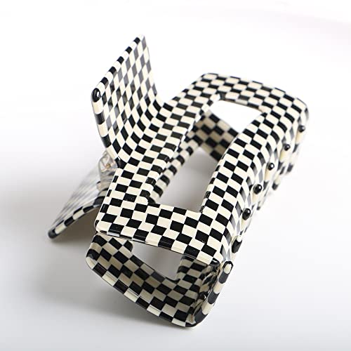 Checkered Hair Claw Clips,Pack of 1,Vintage Checkered Claw Clips Cellulose Acetate Banana Clips,Nonslip Banana Hair Clamp for Women Girls (Black/Beige,L)