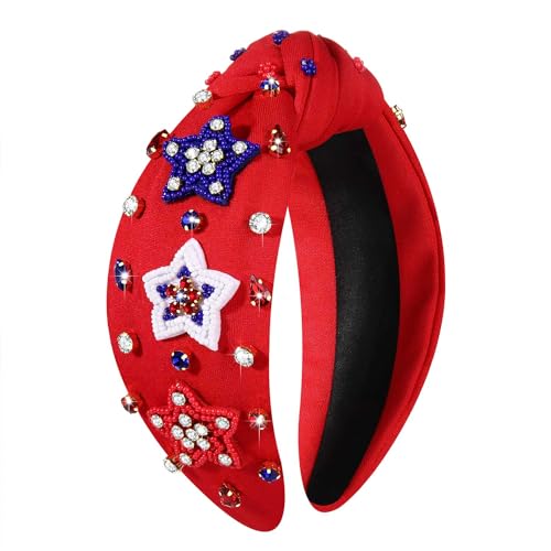 mokkia 4th of July Headband for Women American Flag Star Knotted Headbands Red White and Blue Rhinestone Crystal Top Knot Headbands Patriotic 4th of July Accessories Party Favors (American Star 6)