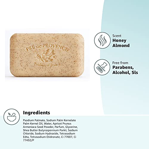 Pre de Provence Artisanal French Moisturizing Soap Bar, Shea Butter Enriched, Quad Milled for Long Lasting Rich Smooth Lather, 5.3 Ounce, Honey Almond