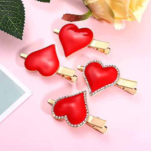 HZEYN 4 Pack Valentine's Day Heart Hair Clips Big Red Enamel Rhinestone Heart Hairpin Hair Accessories Gift for Women Girls (Enamel Red)