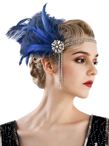 Yunyuebridal Evening Prom Feather Headband for Women Rhinestones Tassel Great Gatsby Costume Headpieces Roaring 20s Hair Accessory,Navy