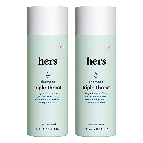 hers triple threat shampoo for hair that feels and looks thicker and stronger with biotin, saw palmetto, pumpkin seed oil, lightly scented with rose, helps control hair shedding, 2 pack, 6.4oz