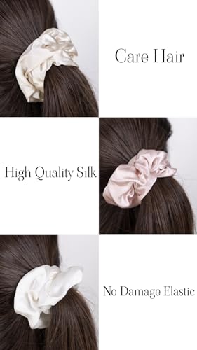 3 Pack Luxury Silk Scrunchies 100% Mulberry Silk for Hair in Satin Travel Bag (3 Pack, Large, Pink, Champagne, White)