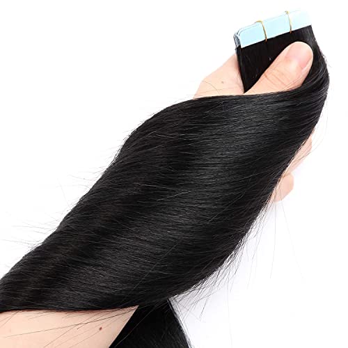 ELFSECRET Human Hair Tape In Hair Extensions Natural Black Color Seamless Invisible PU Skin Weft Tape in 100% Real Human Hair Silky Straight Hair Extensions Soft Thick End (14 Inch, 1B Natural Black)