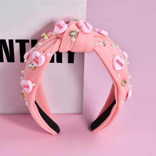 ABONDEVER Valentine's Day Headbands for Women Beaded Crystal Wide Headband Love Heart Pink Knotted Headband Jeweled Top Knot Headband Valentines Day Hair Accessories Gifts (XOXO Pink A)