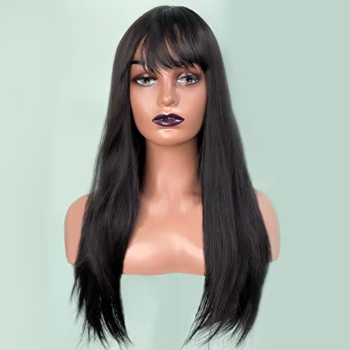 Singolas Long Black Wig with Bangs Straight Wigs for Women High Density Middle Part Black Hair Wigs Synthetic Wigs for Daily Party Use 20’’