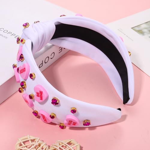 YAHPERN Valentine’s Day Headband for Women Red Pink Heart Knotted Headband Jeweled Rhinestone Crystal Wide Top Knot Hairband Valentine’s Day Hair Accessories Holiday Gifts