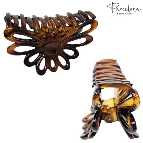 Parcelona French Plume 3" Celluloid No Slip Grip Covered Spring Jaw Hair Claw Durable Styling Women Hair Accessories, Made in France (Tortoise Shell Brown)