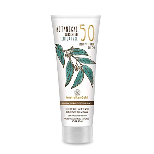 Australian Gold Botanical SPF 50 Tinted Sunscreen for Face, Non-Chemical BB Cream & Mineral Sunscreen,Water-Resistant,Matte Finish,For Sensitive Facial Skin,Rich to Deep Skin Tones, 3 FL Oz, Rich-Deep