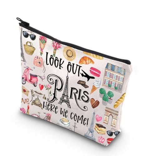 JNIAP Paris Themed Makeup Bag Paris Trip Gifts Paris Travel Bag Paris Toiletry Bag Paris Zipper Pouch Paris Makeup Pouch (look out paris)