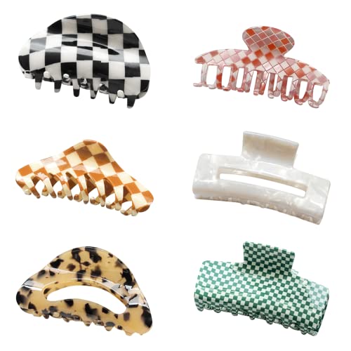 BOWEAR 6 PCS Checkered Hair Clips Black and White Checkered Claw Vintage Large Hair Jaw Strong Clip Claws Butterfly Lattice Amber Hair Barrettes for Women Girl Thin Thick Curly Straight Long Hair