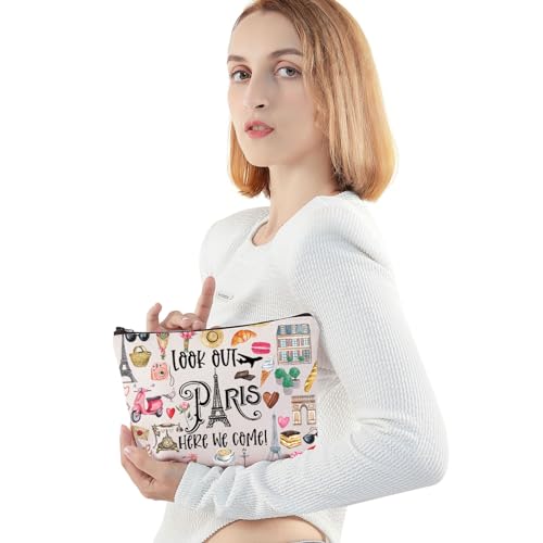 JNIAP Paris Themed Makeup Bag Paris Trip Gifts Paris Travel Bag Paris Toiletry Bag Paris Zipper Pouch Paris Makeup Pouch (look out paris)