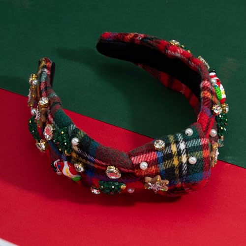 Mixcbe Christmas Jeweled Headband for Women Rhinestone Xmas Tree Snowflake Santa Embellished Knotted Hairband Xmas Twist Wide Red Hair Band Accessories (Woolen-Xmas red)