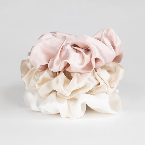 3 Pack Luxury Silk Scrunchies 100% Mulberry Silk for Hair in Satin Travel Bag (3 Pack, Large, Pink, Champagne, White)