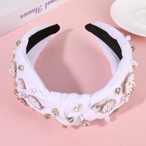 Flower Knotted Headband Boho Spring Rhinestone Crystal Jeweled Flowers Leaf Top Knot Headband Summer Beach Wedding Holiday Party Head Band Hair Accessories Gift for Women Girls (white flower headband)