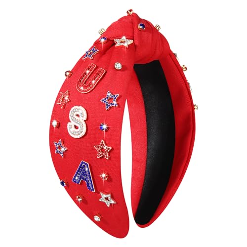 mokkia 4th of July Headband for Women American Flag Star Knotted Headbands Red White and Blue Rhinestone Crystal Top Knot Headbands Patriotic 4th of July Accessories Party Favors (Letter USA 6)