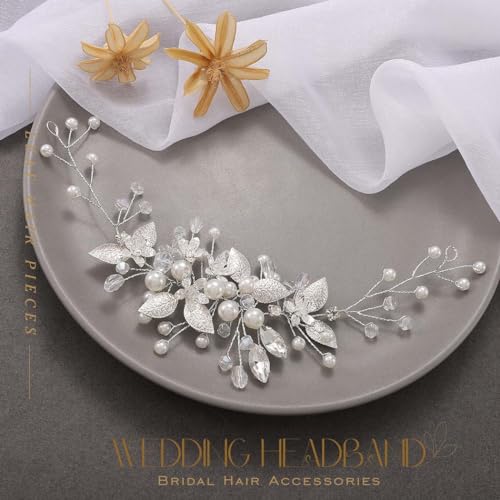 EASEDAILY Bride Wedding Hair Vine Silver Leaf Bridal Headpieces Pearl Crystal Hair Accessories for Women and Girls